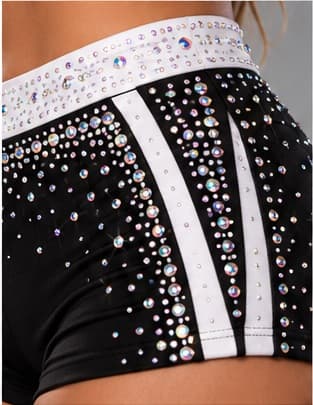 Detail of the rhinestone waistband and side stripe in black and white