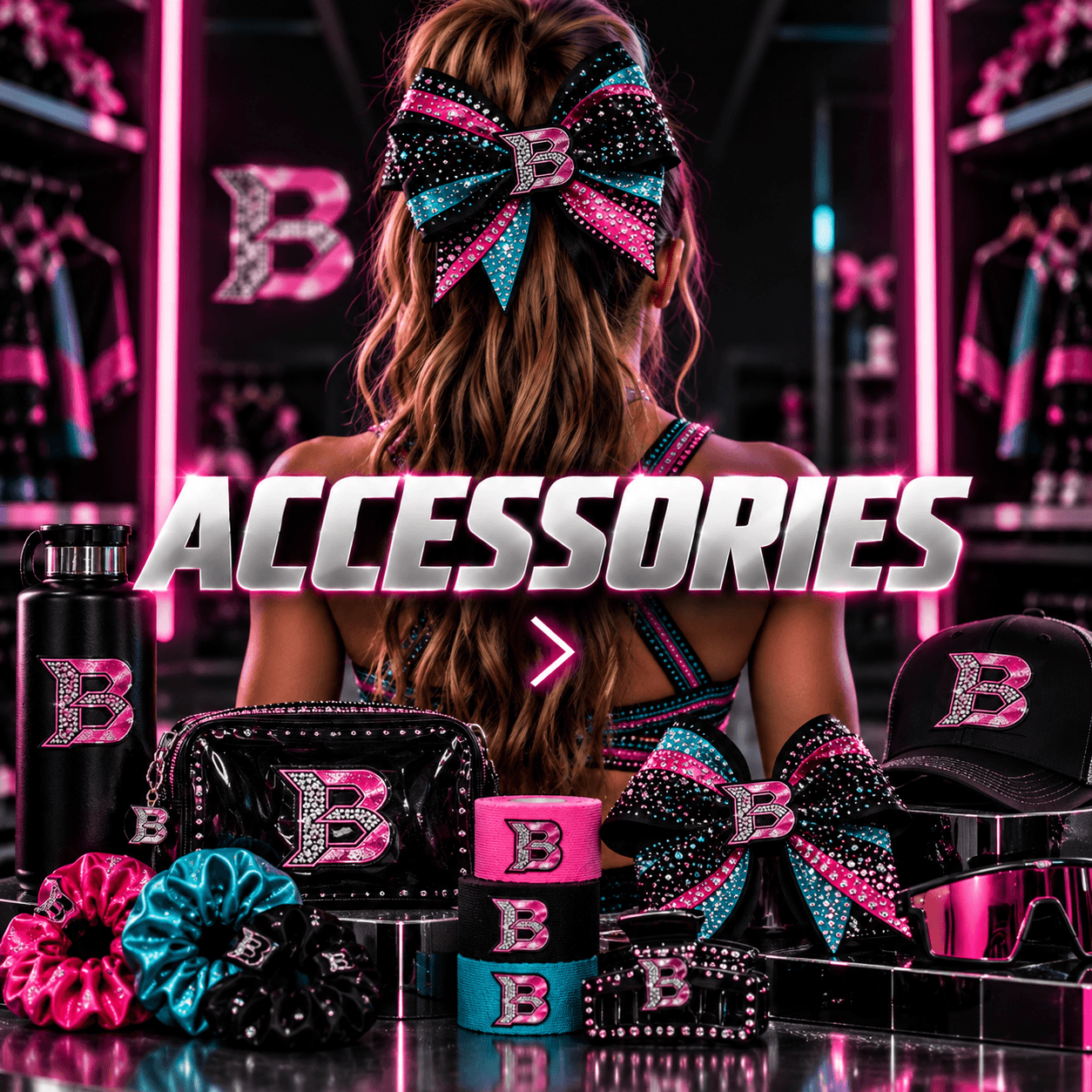 Shop Accessories — rhinestone bows, bags, and gear
