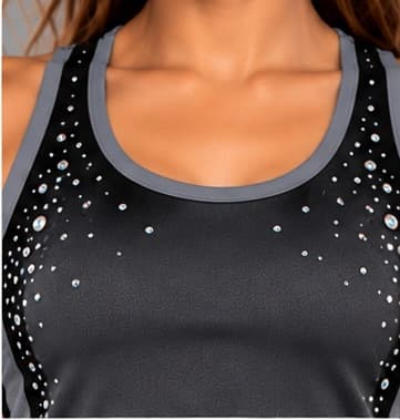 Detail of the rhinestone scatter along the neckline