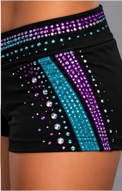 Detail of the diagonal teal and purple rhinestone stripe