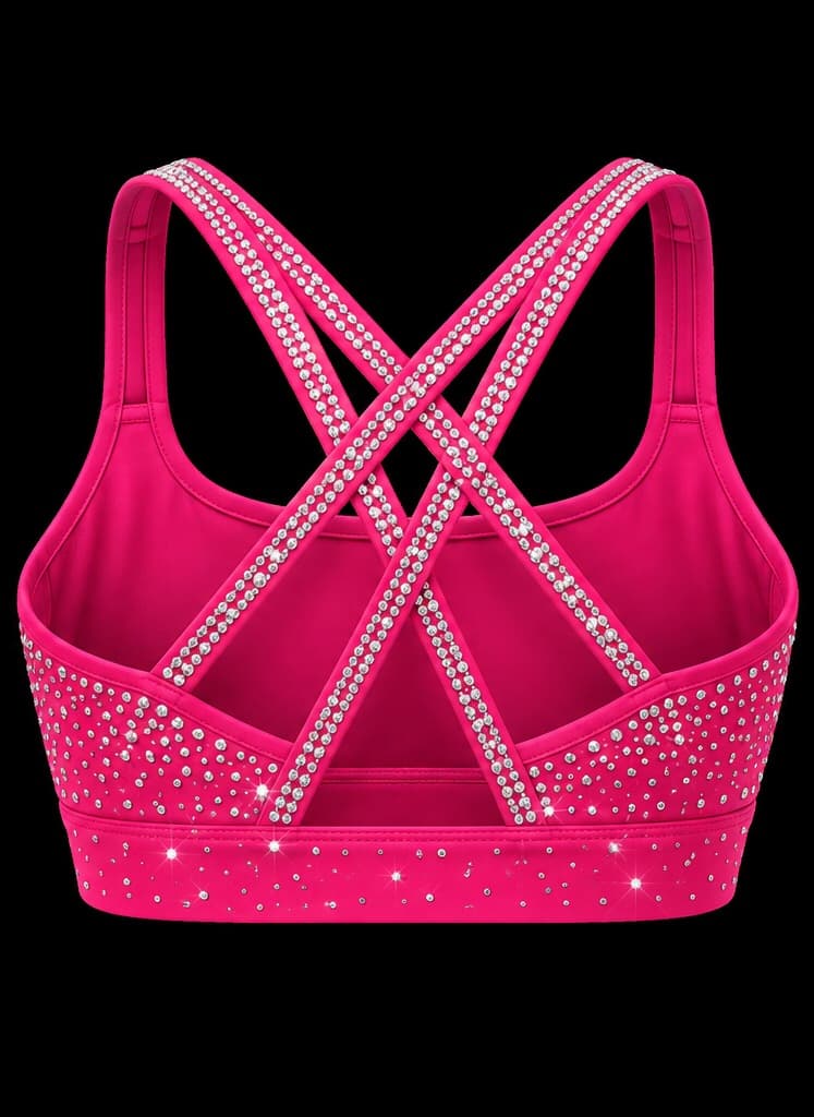 The Rhinestone Sports Bra in hot pink, back view showing crisscross straps