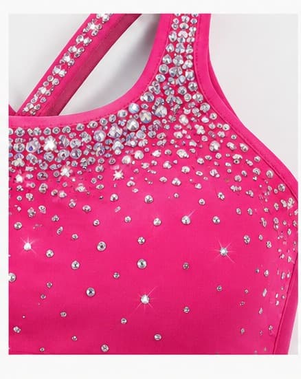 Detail of rhinestone neckline trim in hot pink